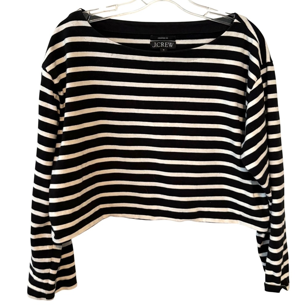 J. Crew Women's Black and White Cropped Boatneck Long Sleeve T-shirt in Size M